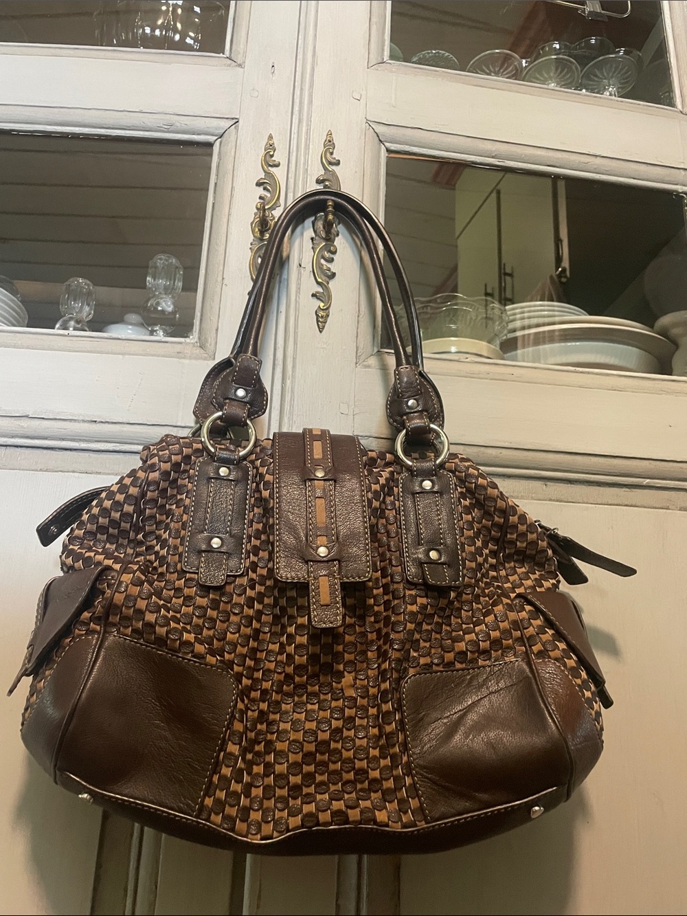 Sondra Roberts Brown Woven Leather Shoulder Bag